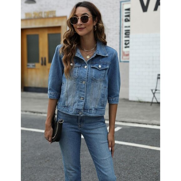 Women's 3/4 Sleeve Colored Cropped Denim Jacket Short Jean Jacket Trucker Blue - Picture 4 of 7